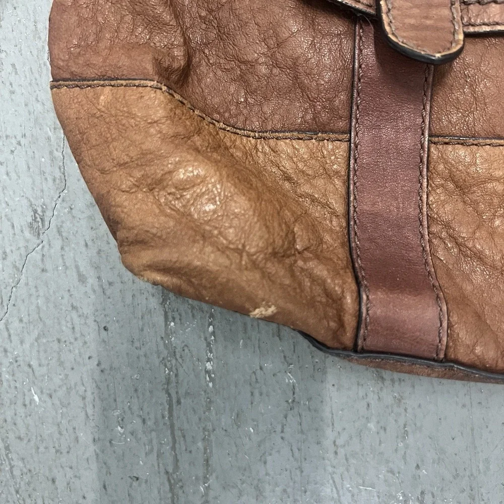 Fossil Leather Satchel Crossbody Bag Cognac Brown Brass Turnlock Key Charm Purse
